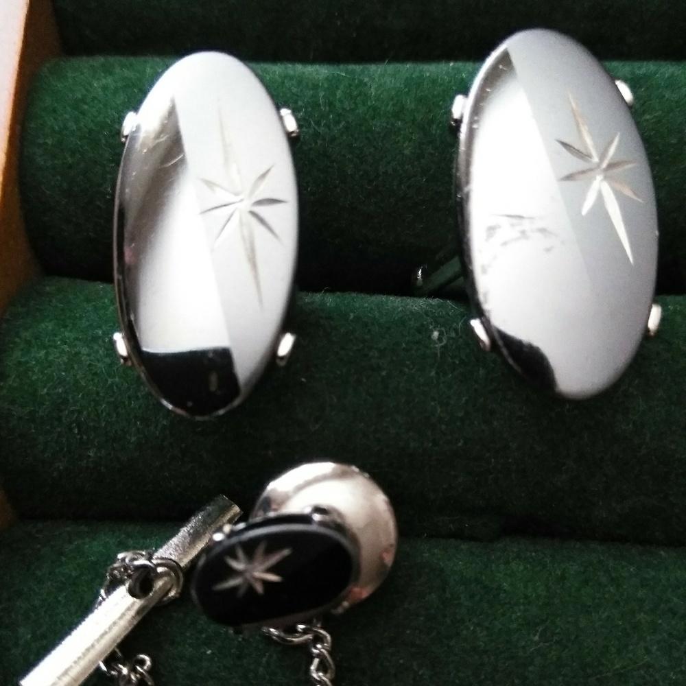 Sterling cuff links and tie tac.